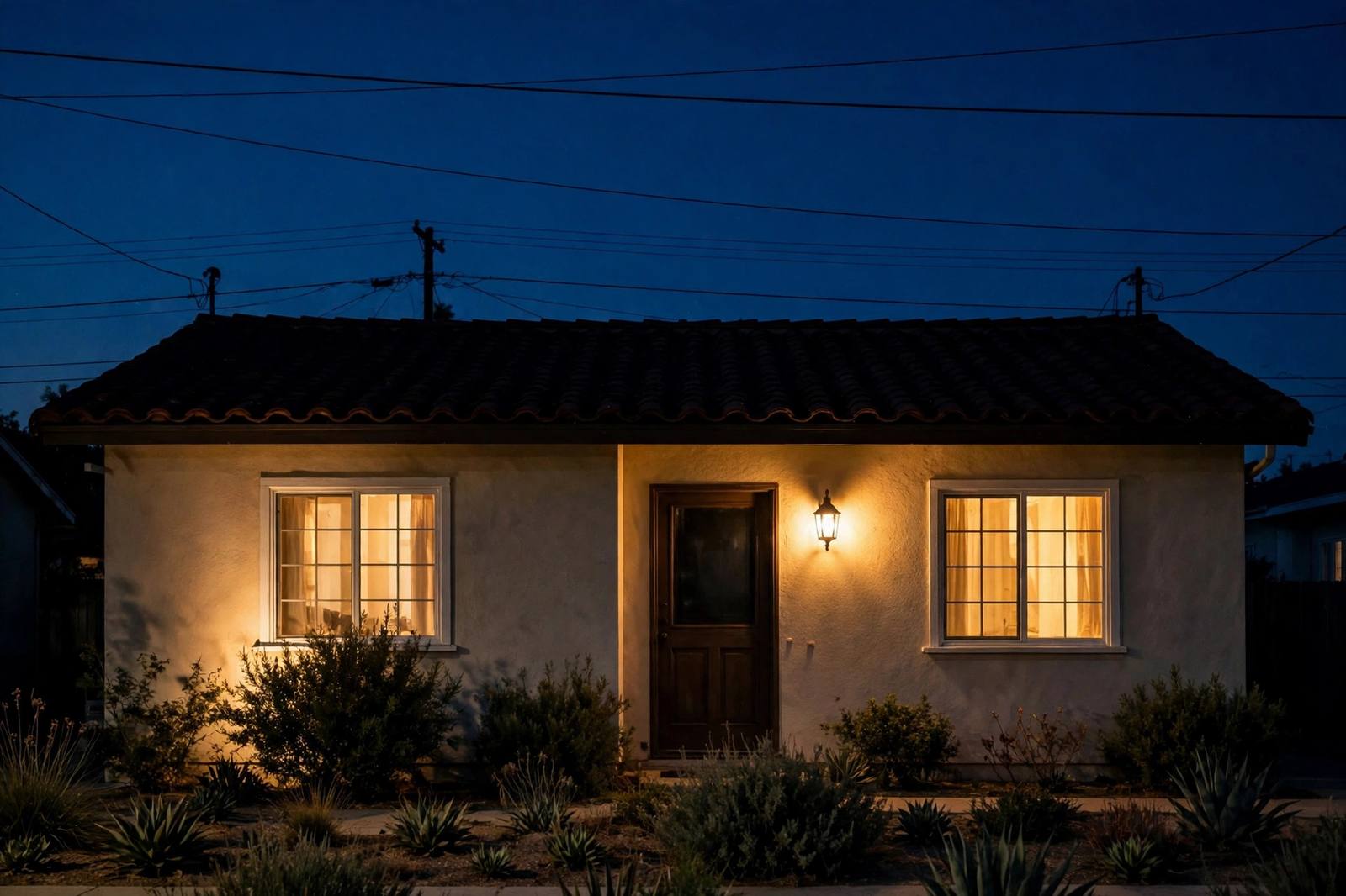 A Redlands home at night with its lights on
