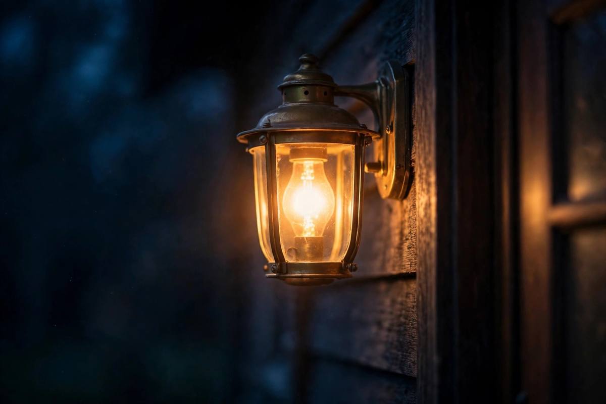A porch light glowing at night